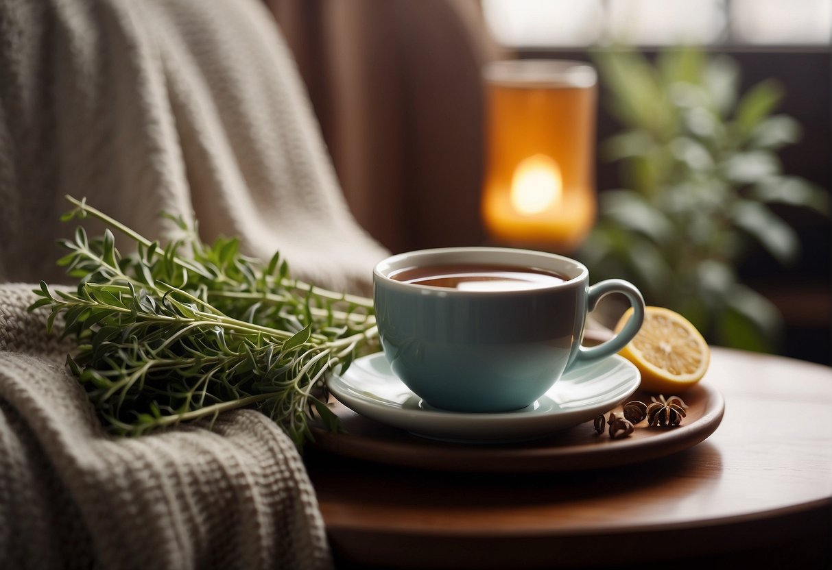 A cup of herbal tea surrounded by soothing elements like a warm blanket and a comfortable chair