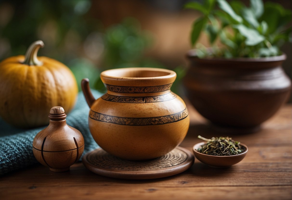 A gourd filled with mate tea sits on a wooden table, surrounded by traditional South American crafts. The earthy aroma of the tea fills the air, while the taste is a combination of bitter and herbal notes