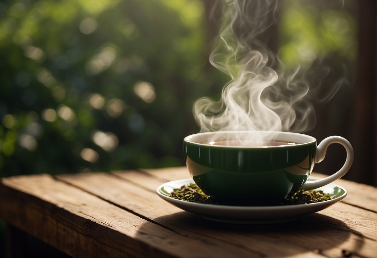 A steaming cup of mate tea sits on a wooden table, emitting a rich, earthy aroma. The tea is a deep green color, with a slightly bitter and herbal flavor, leaving a lingering smoky aftertaste