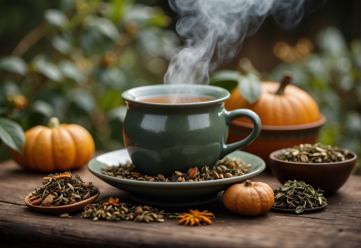 A steaming cup of mate tea sits on a rustic wooden table, surrounded by loose leaves and a traditional gourd and bombilla. The aroma of earthy, herbal notes fills the air, inviting the viewer to take a sip and experience the unique