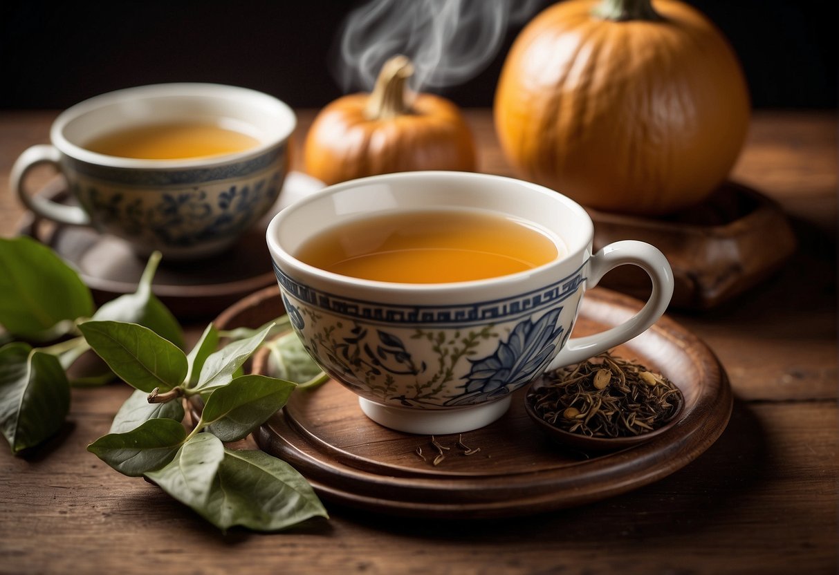 A steaming cup of mate tea sits on a wooden table, surrounded by loose mate leaves and a traditional gourd and bombilla. A warm, earthy aroma wafts from the cup, inviting the viewer to savor the rich, herbal flavor