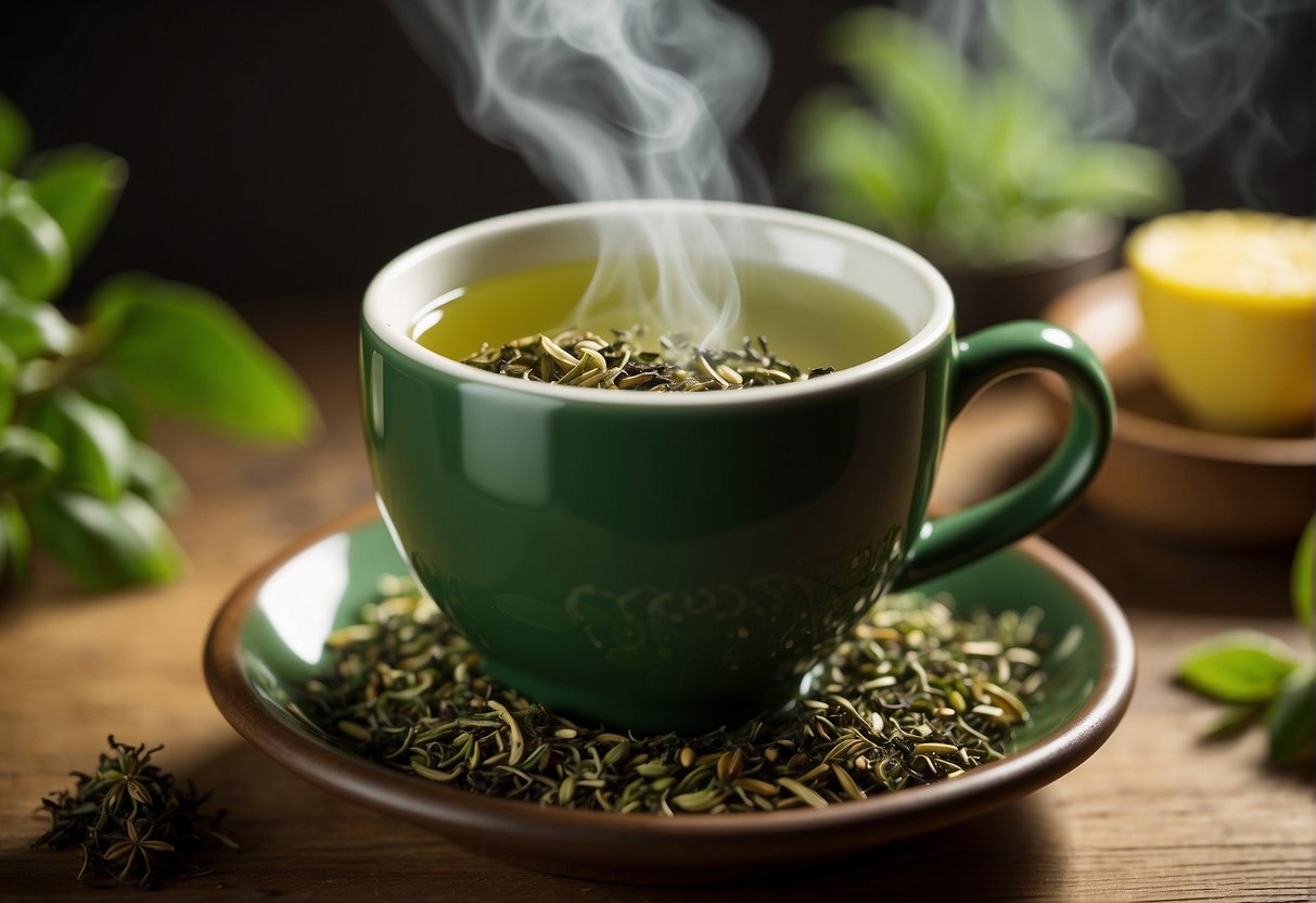 A steaming cup of mate tea sits on a wooden table, emitting a rich, earthy aroma. The tea is a deep green color, with a slightly bitter and grassy taste