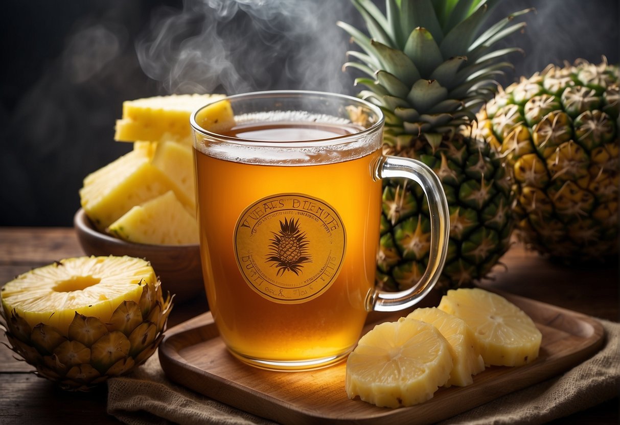 A steaming cup of pineapple tea surrounded by fresh pineapple slices and a nutrition label highlighting its health benefits
