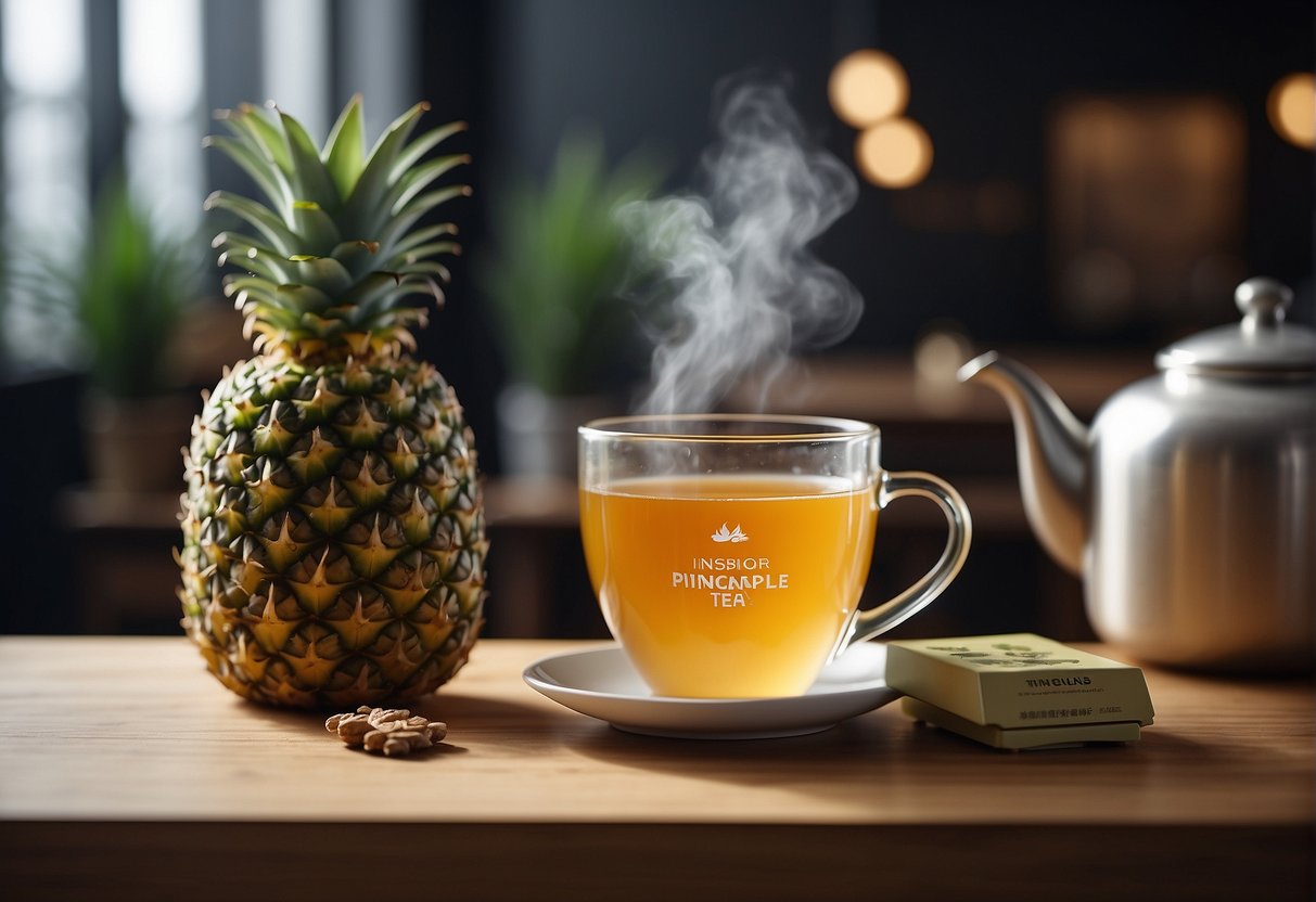 A steaming cup of pineapple tea sits on a table surrounded by motivational quotes and healthy snacks. A scale in the background symbolizes progress