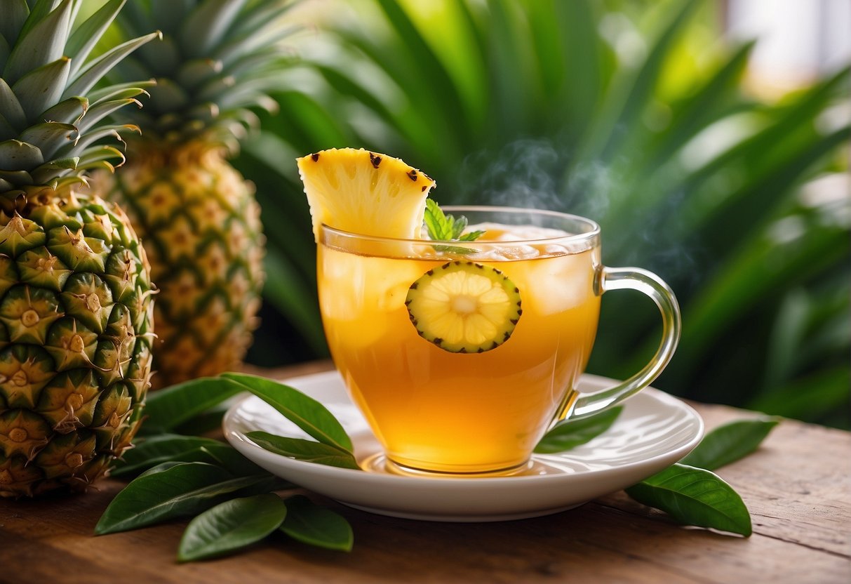 A steaming cup of pineapple tea surrounded by fresh pineapple slices and vibrant green leaves, radiating a sense of warmth and vitality
