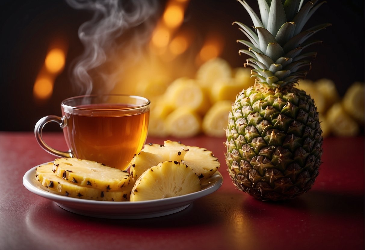A steaming cup of pineapple tea surrounded by vibrant pineapple slices, with a backdrop of red and inflamed cells, representing the body's inflammatory response