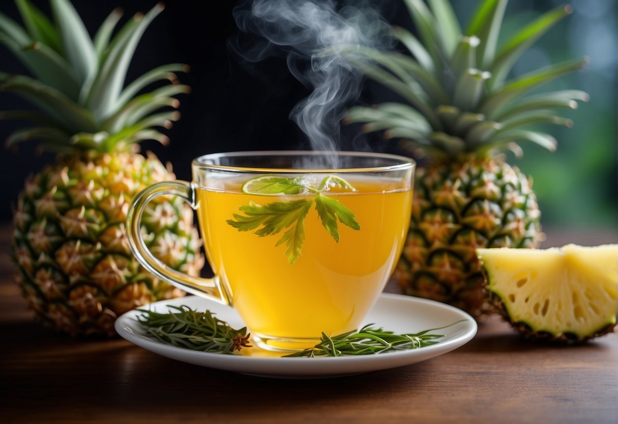 A steaming cup of pineapple tea surrounded by fresh pineapple slices and vibrant green tea leaves, evoking feelings of refreshment and vitality