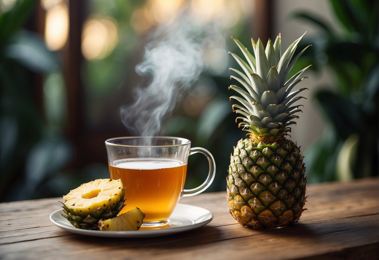 A steaming cup of pineapple tea surrounded by fresh pineapple slices and a teapot on a wooden table