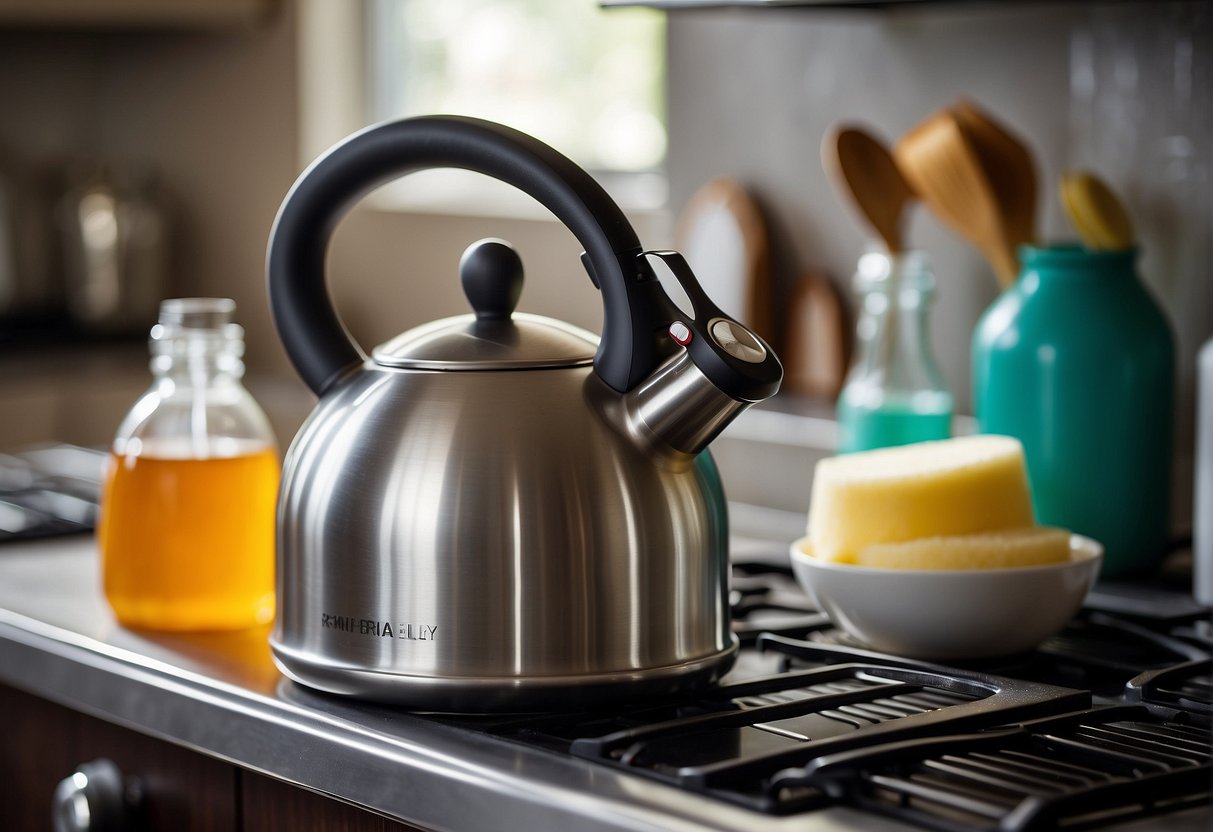 A stainless steel tea kettle sits on a stove, surrounded by cleaning supplies. A sponge and stainless steel cleaner are nearby, ready to be used for deep cleaning