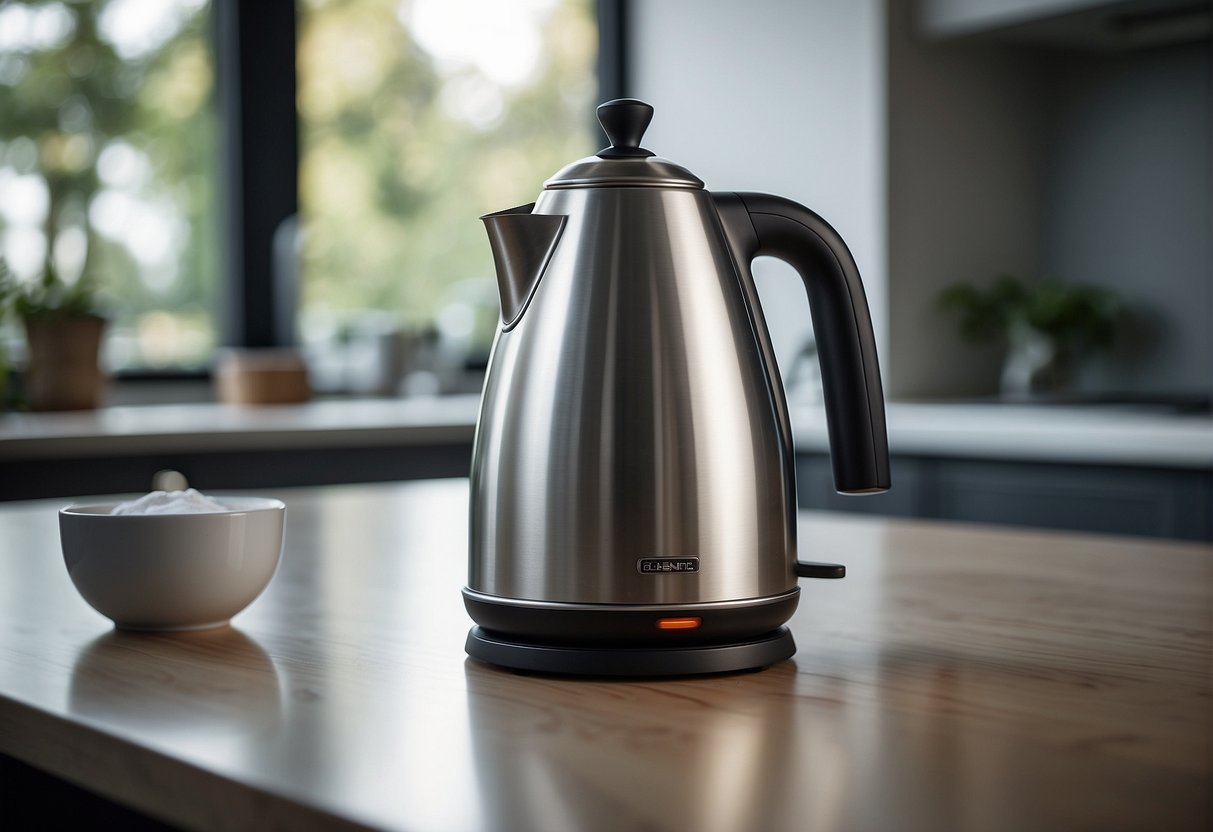 A stainless steel tea kettle sits on a clean, dry surface. A soft cloth and mild detergent are nearby. A hand reaches for the kettle, ready to gently wipe it clean