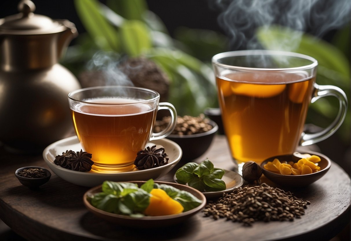A variety of ingredients, such as flowers, fruits, and herbs, surround a steaming cup of pu-erh tea, each one emitting a unique aroma