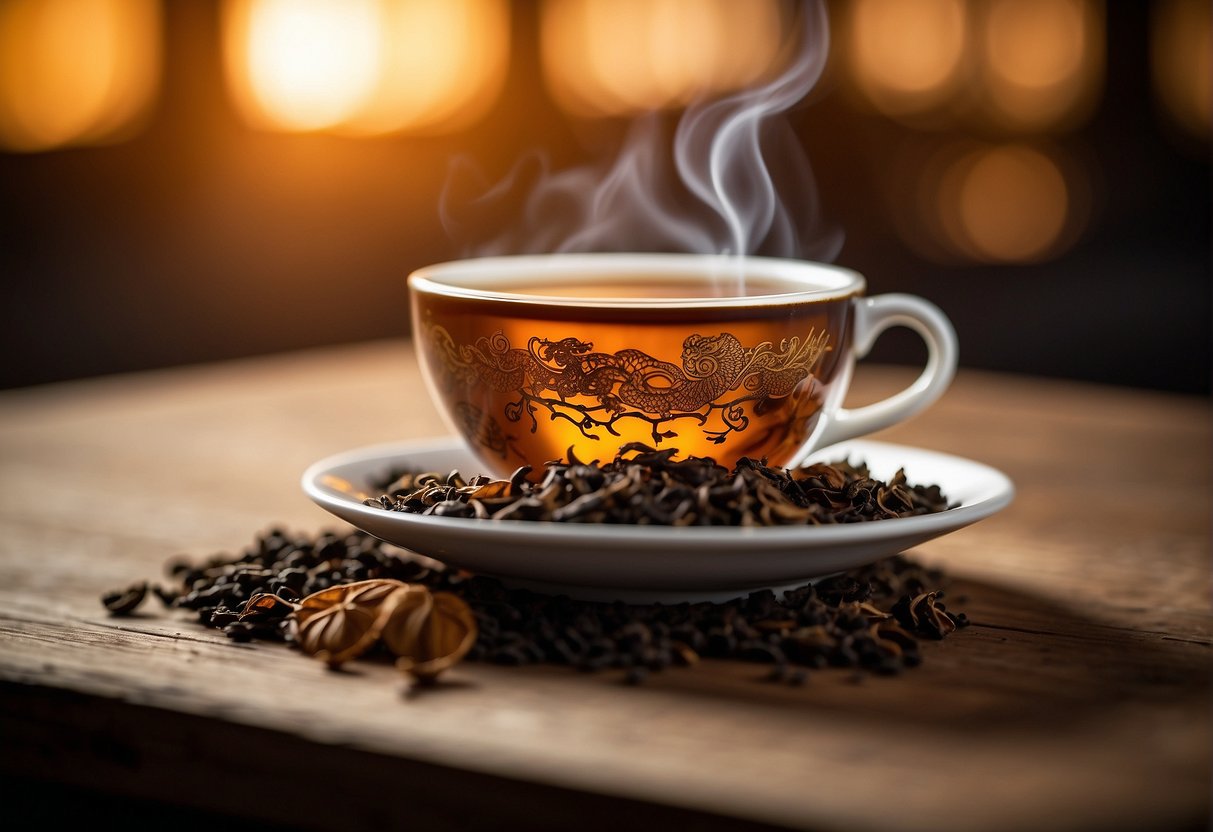 A steaming cup of pu-erh tea sits on a wooden table, emitting a rich, earthy aroma. The tea's deep amber color swirls as it is swirled, releasing a complex, smooth flavor