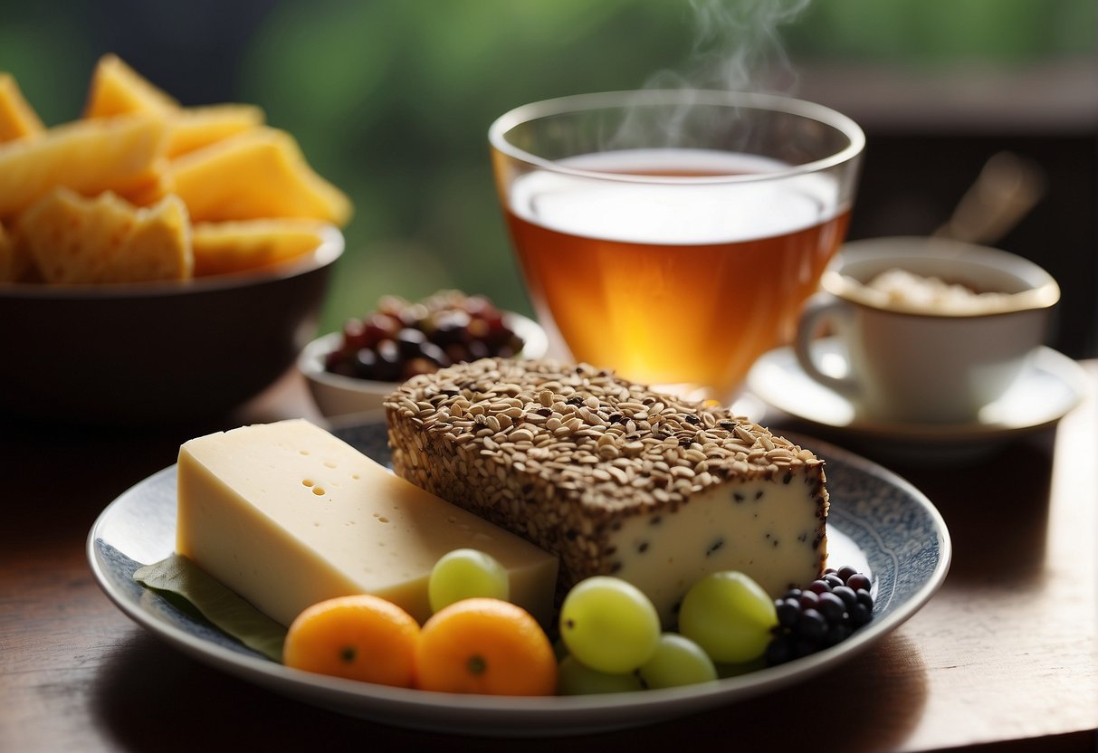A steaming cup of pu-erh tea sits next to a plate of assorted cheeses and fruits, creating a perfect pairing for a relaxing afternoon