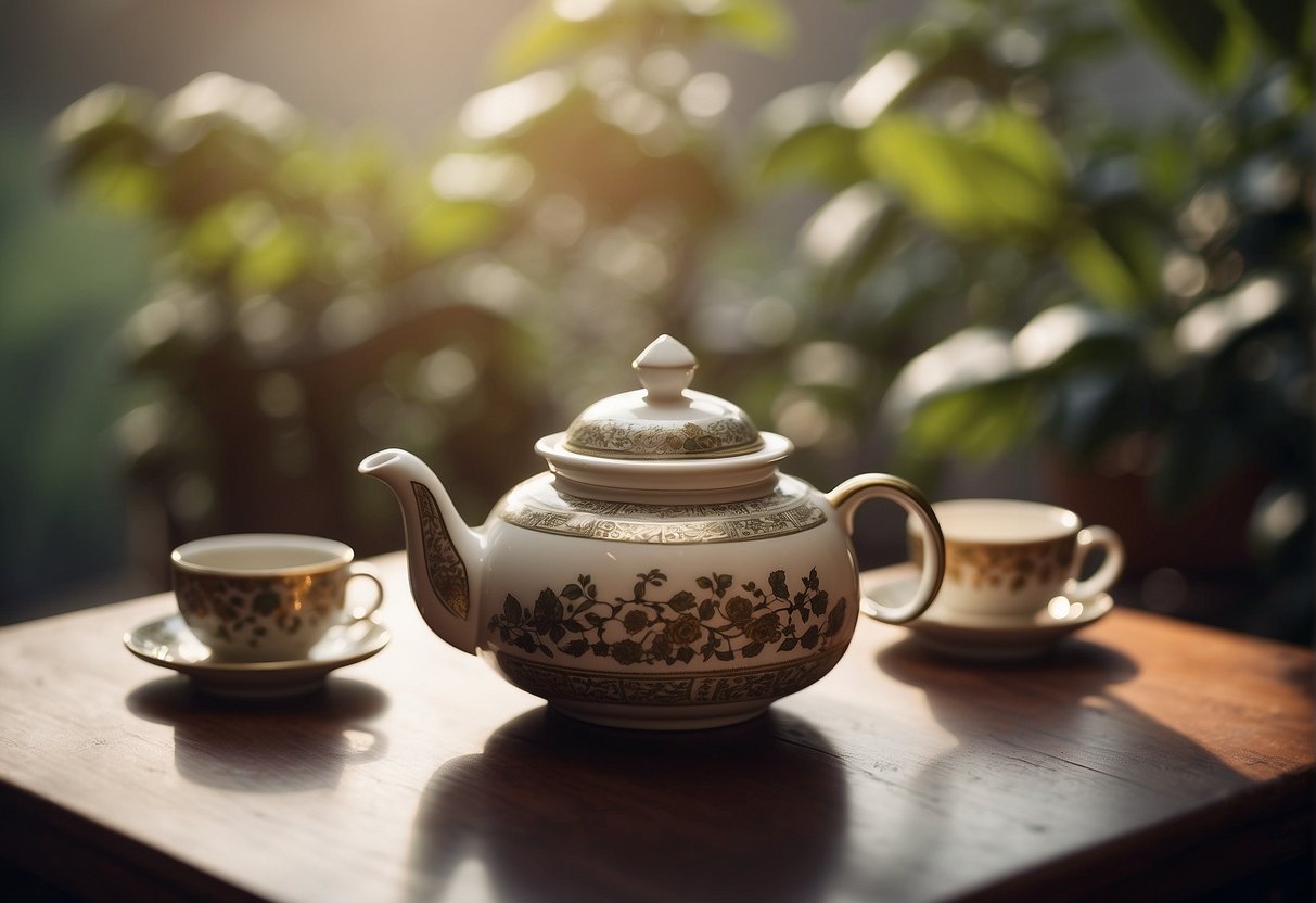 A teapot pours pu-erh tea into delicate cups on a traditional Chinese table, surrounded by ornate tea leaves and a serene atmosphere