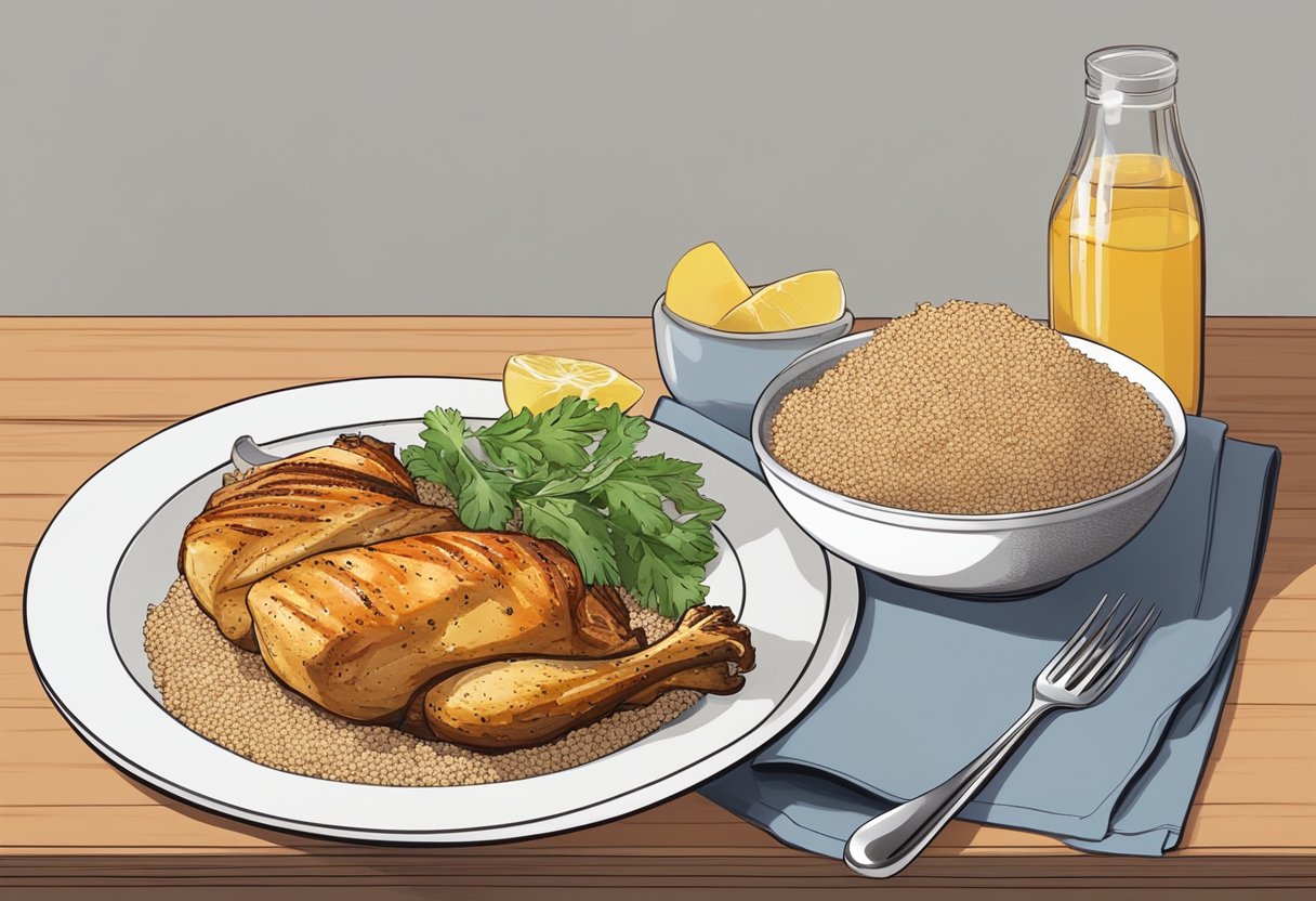 Does Protein Stop Hunger?
- A plate of grilled chicken and a bowl of quinoa, with a satisfied stomach in the background