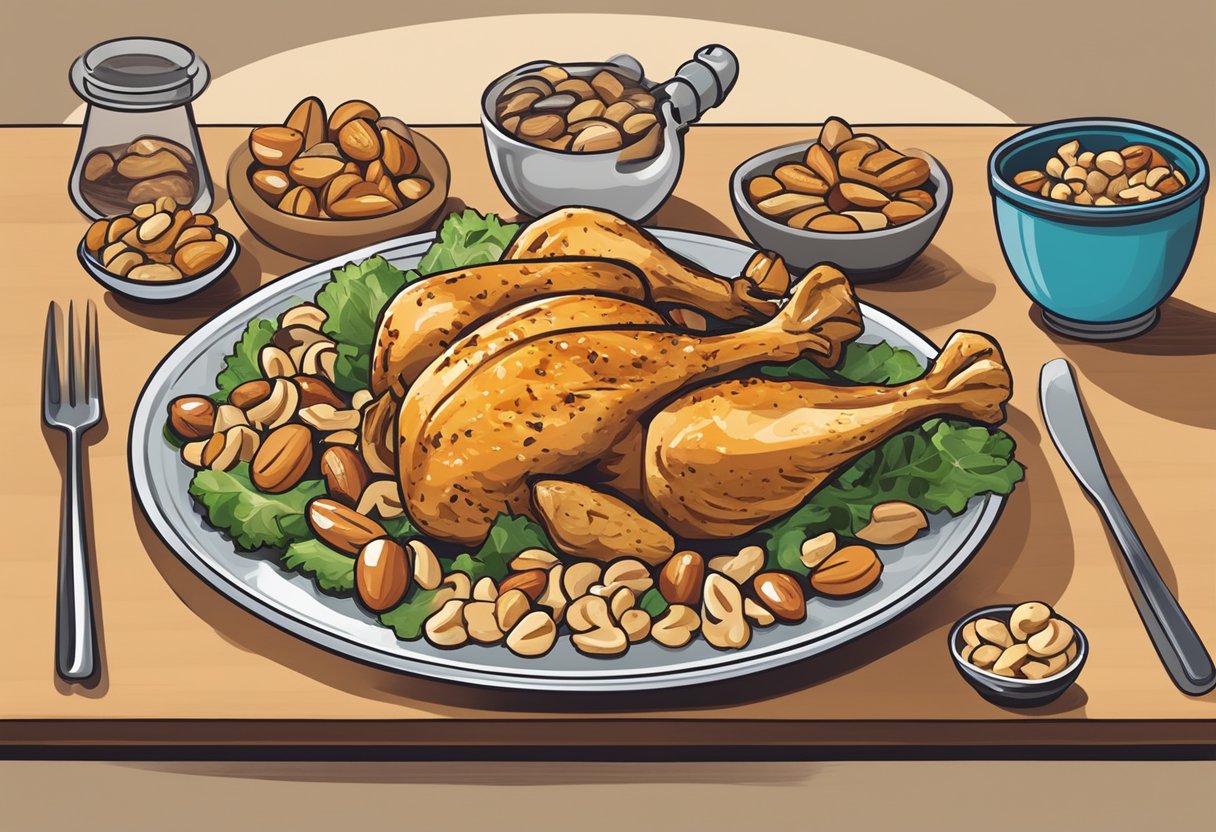 Does Protein Stop Hunger?
- A plate of grilled chicken and a bowl of mixed nuts sit on a table, surrounded by images of a full stomach and a satisfied smile