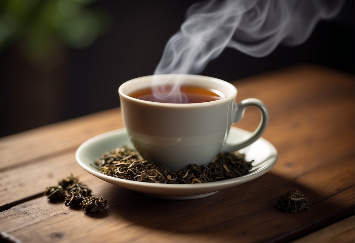A steaming cup of pu-erh tea sits on a wooden table, surrounded by loose tea leaves and a small tea infuser. A faint aroma of earthiness and sweetness fills the air