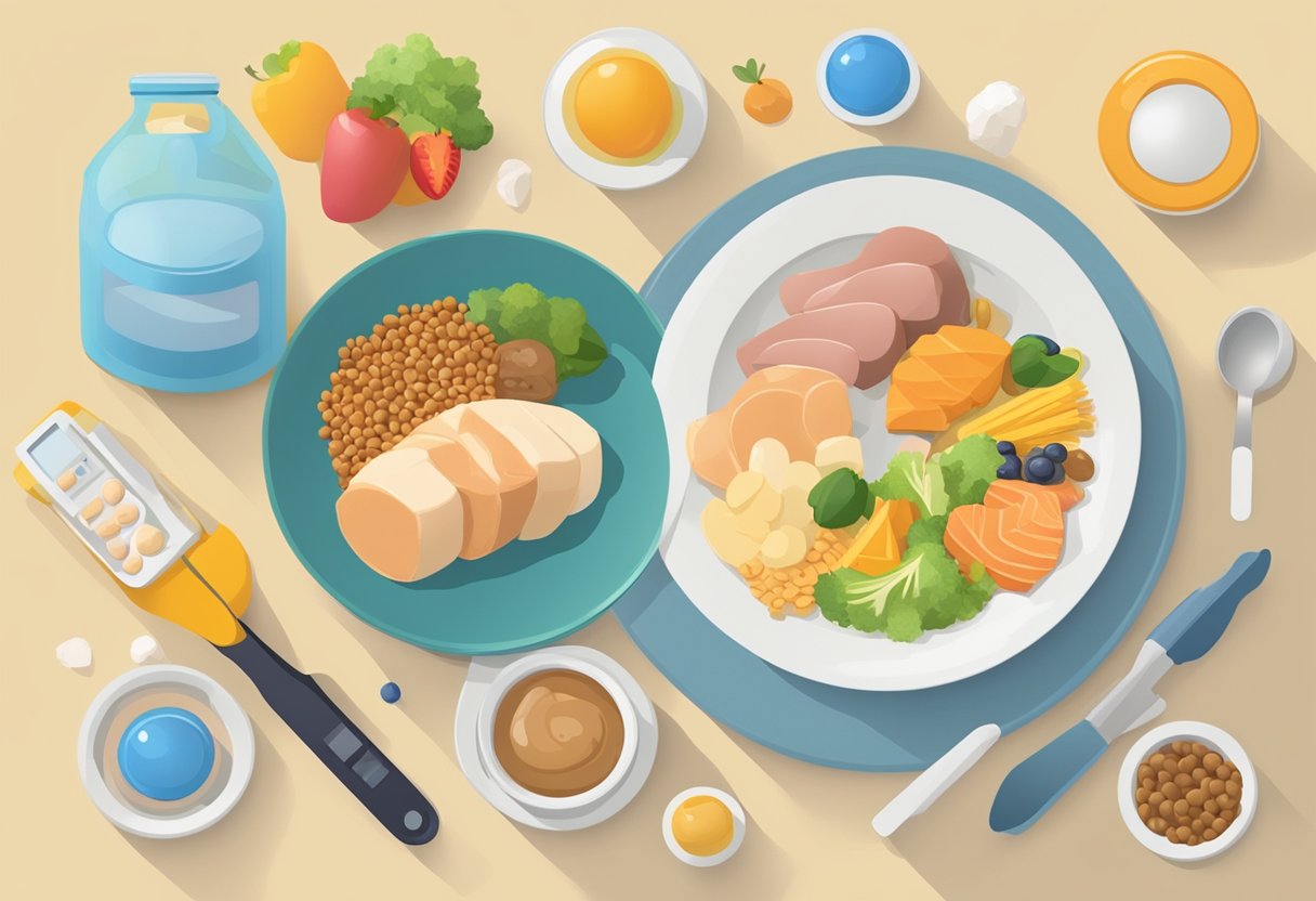 Does Protein Stop Hunger?
- A plate of protein-rich foods sits on a table. A hunger pang symbol hovers above, while a metabolic health meter shows improvement