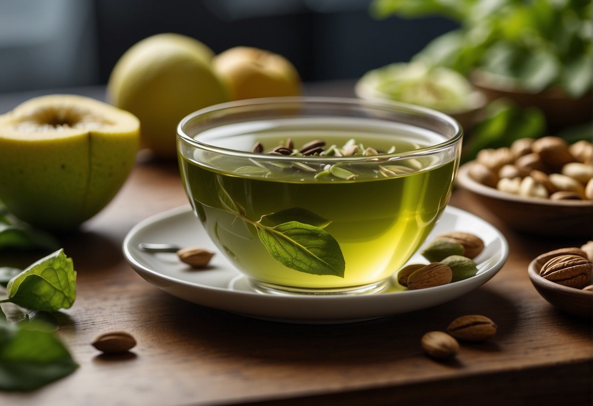 A cup of green tea sits on a table, surrounded by various healthy foods like fruits, vegetables, and nuts. A nutrition label shows the tea's beneficial properties