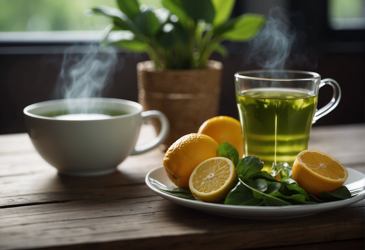A steaming cup of green tea sits next to a plate of fresh fruits and vegetables, evoking a sense of appetite control and healthy eating