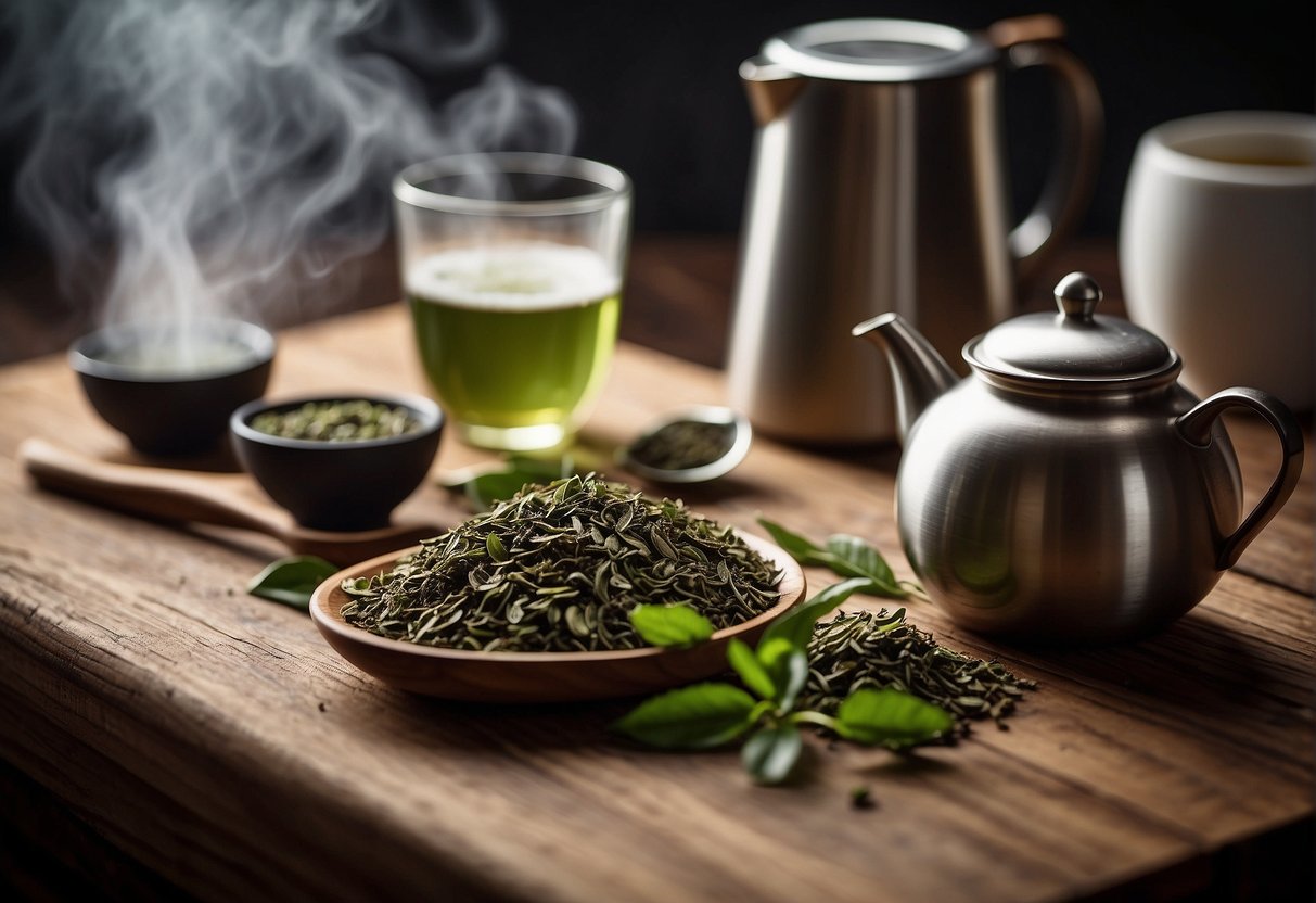 Green tea leaves and brewing utensils arranged on a wooden table, with steam rising from a freshly brewed cup