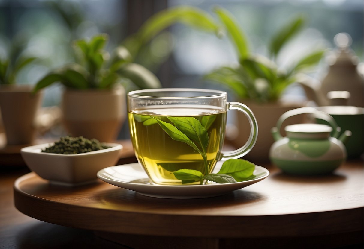 Green tea sits among various beverages, towering over some, and surrounded by others. Its vibrant green color and delicate aroma stand out, drawing attention and curiosity