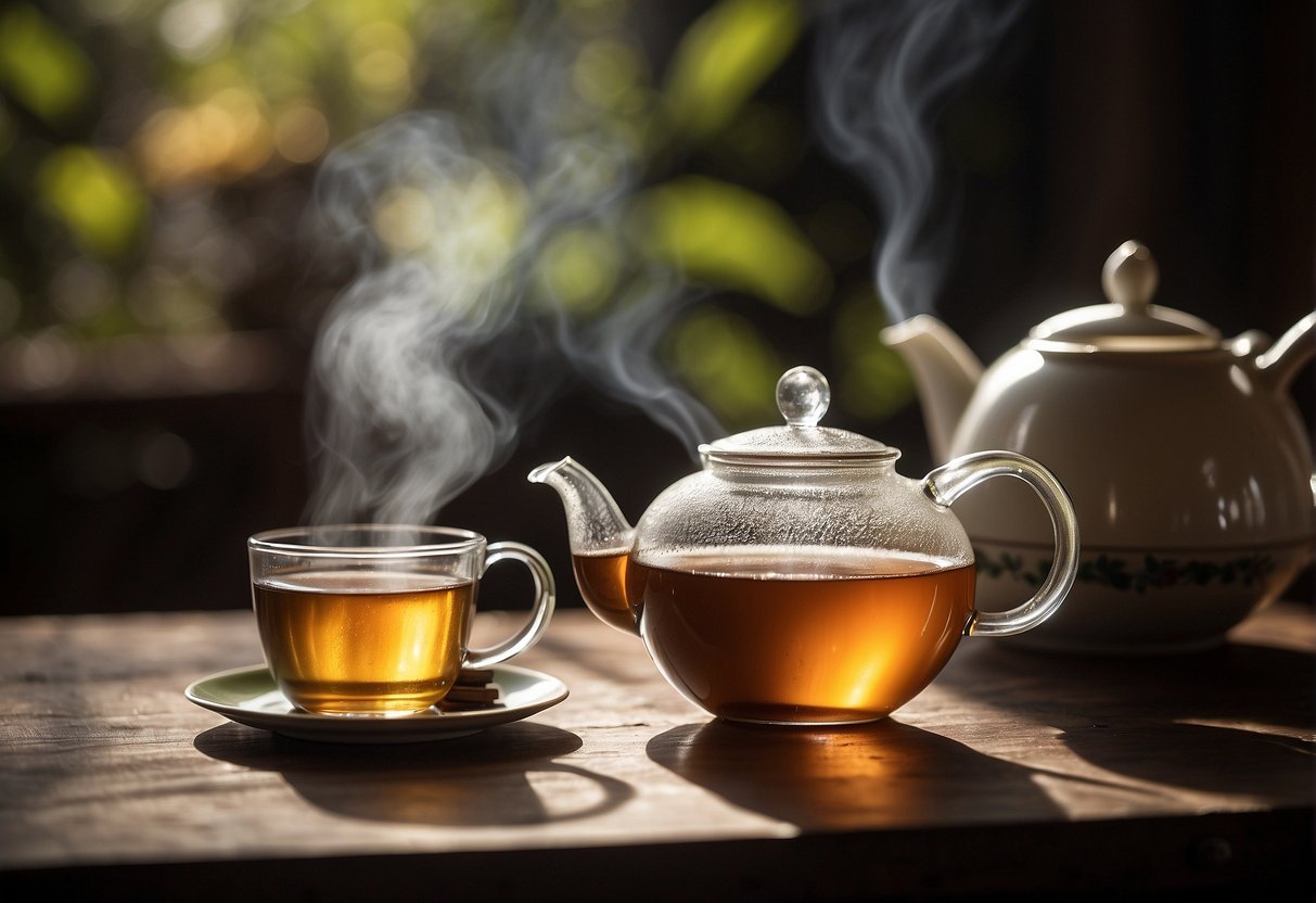 Steam rises from a teapot as Pu-erh tea brews. A teacup sits nearby, ready to be filled with the rich, earthy infusion