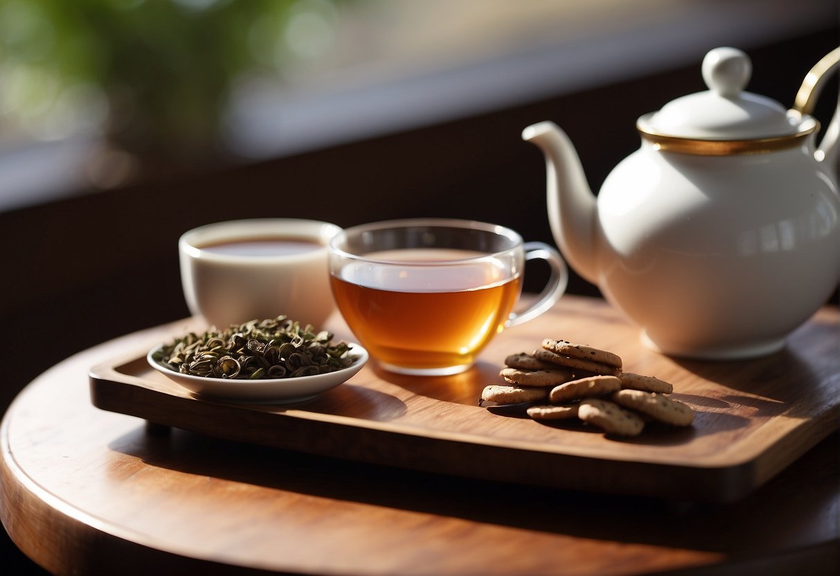 A teapot pours Pu-erh tea into a delicate cup on a wooden tray. A small plate of snacks sits nearby