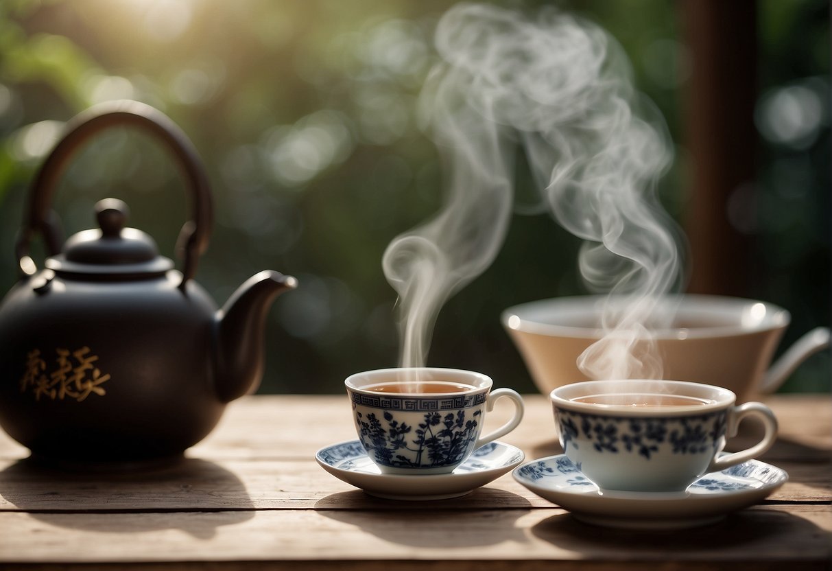 A steaming cup of Pu-erh tea sits on a wooden table, surrounded by delicate tea leaves and a traditional Chinese tea set