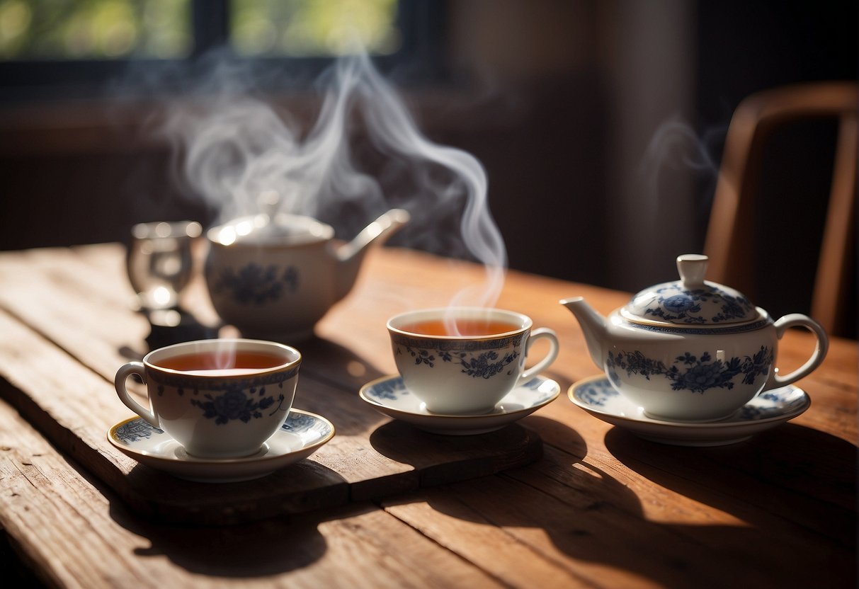 A steaming cup of pu erh tea sits on a wooden table, surrounded by a stack of teacups and a teapot. A small steam rises from the cup, indicating its warmth