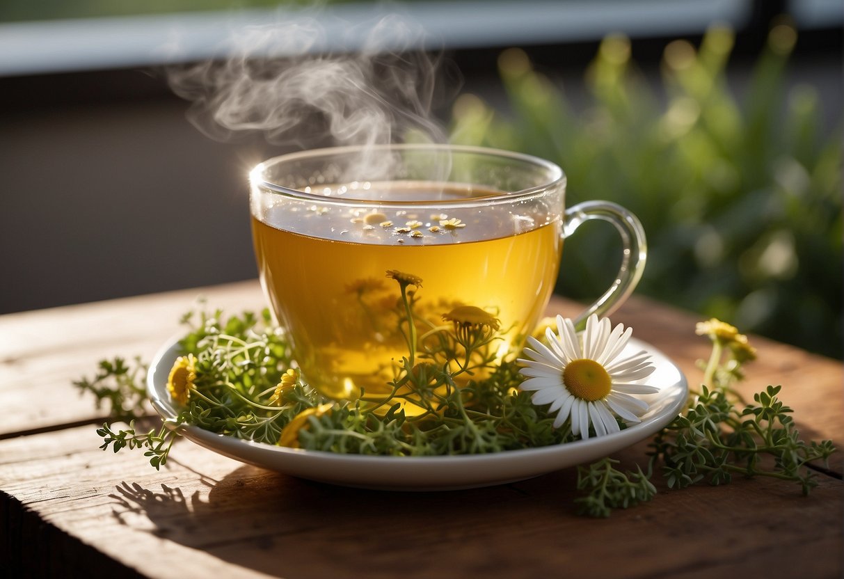 A steaming cup of chamomile tea sits on a wooden table, surrounded by soothing herbs like peppermint and ginger. A ray of sunlight filters through the window, casting a warm glow on the scene
