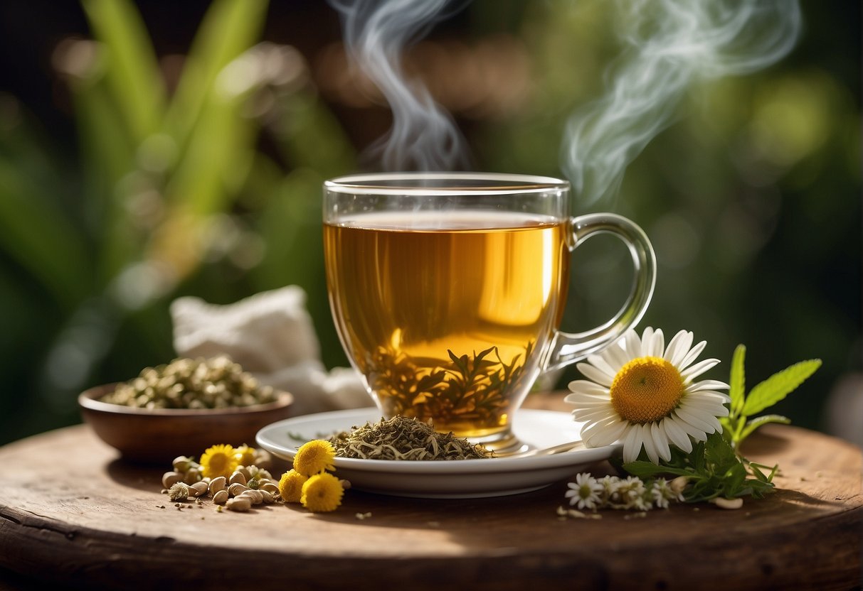 A variety of herbal teas surround a steaming cup, including chamomile, ginger, and peppermint, with a backdrop of natural remedies for diarrhea