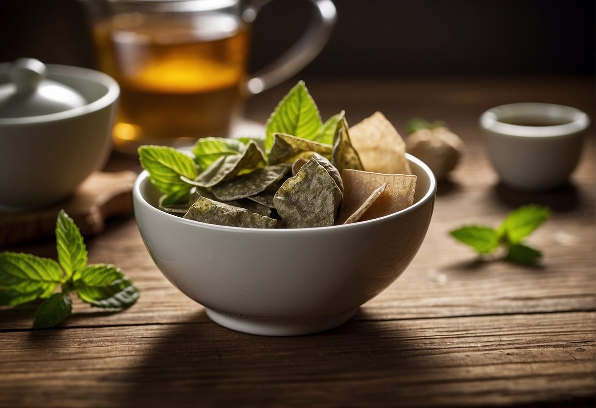 A variety of tea bags displayed on a wooden table with a bowl of ginger and peppermint leaves. A sign reads "Tea for Diarrhea Relief."
