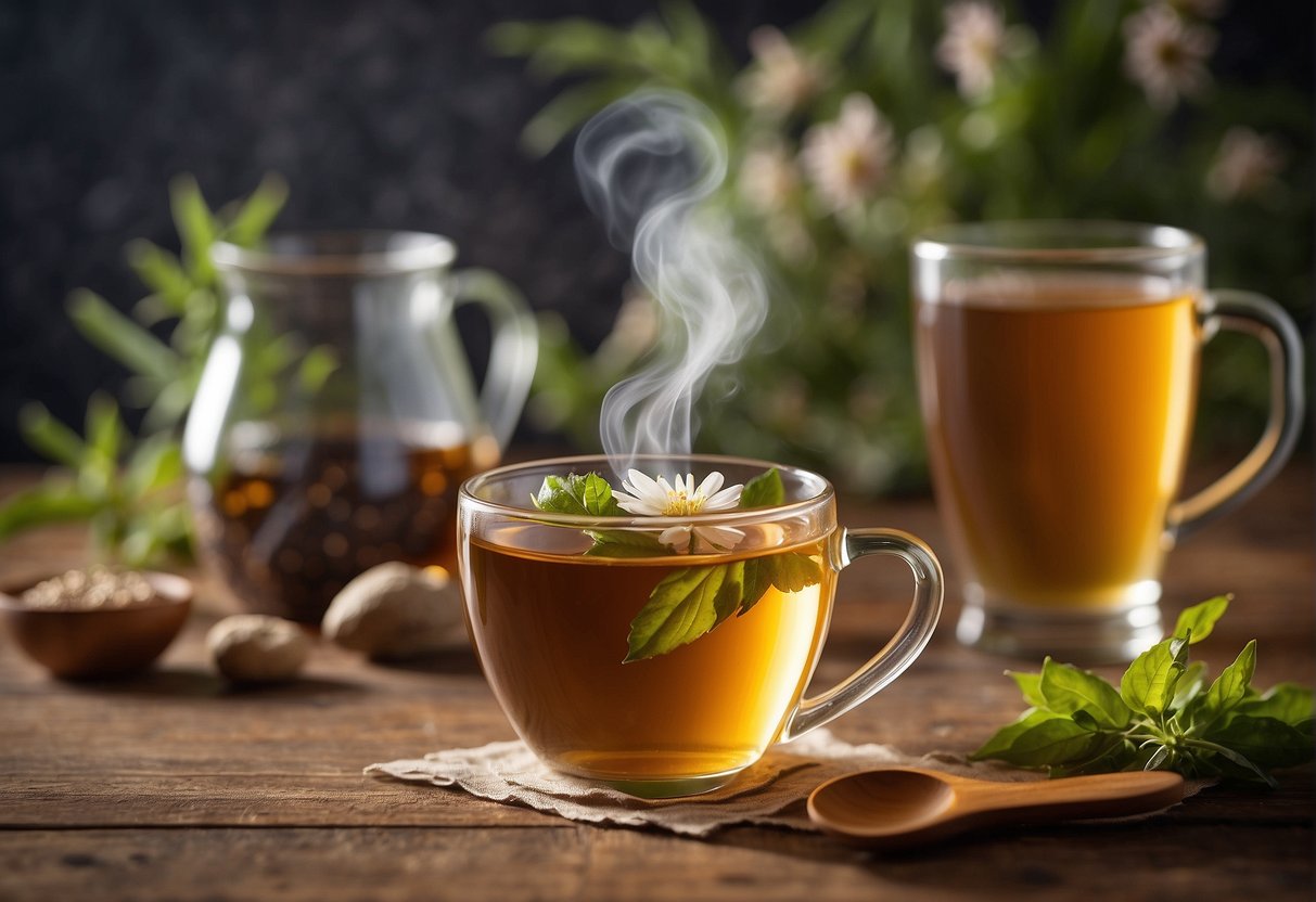 A variety of herbal tea bags sit on a wooden table, with a steaming mug in the center. A gentle aroma wafts through the air, creating a sense of calm and comfort