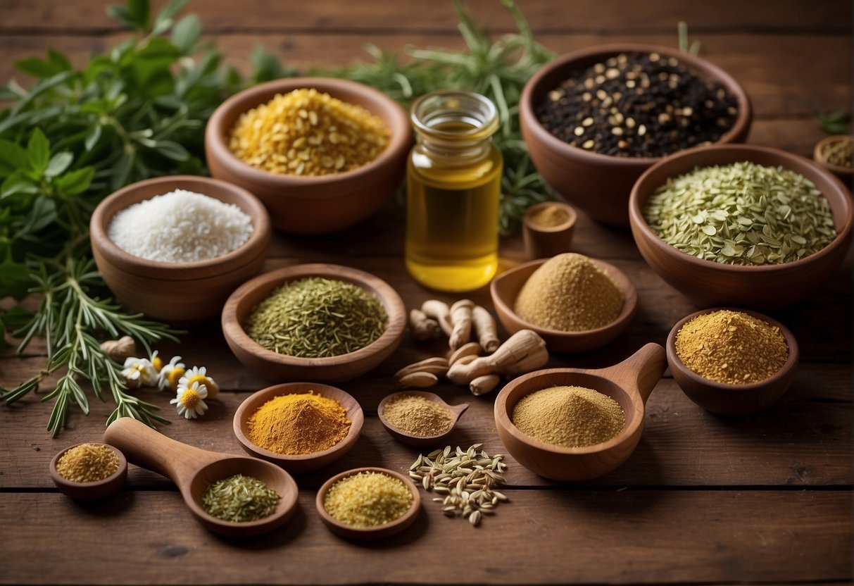 A variety of herbs and spices are laid out on a wooden table, including ginger, peppermint, and chamomile. A mortar and pestle sit nearby, ready to crush and blend the ingredients for soothing teas