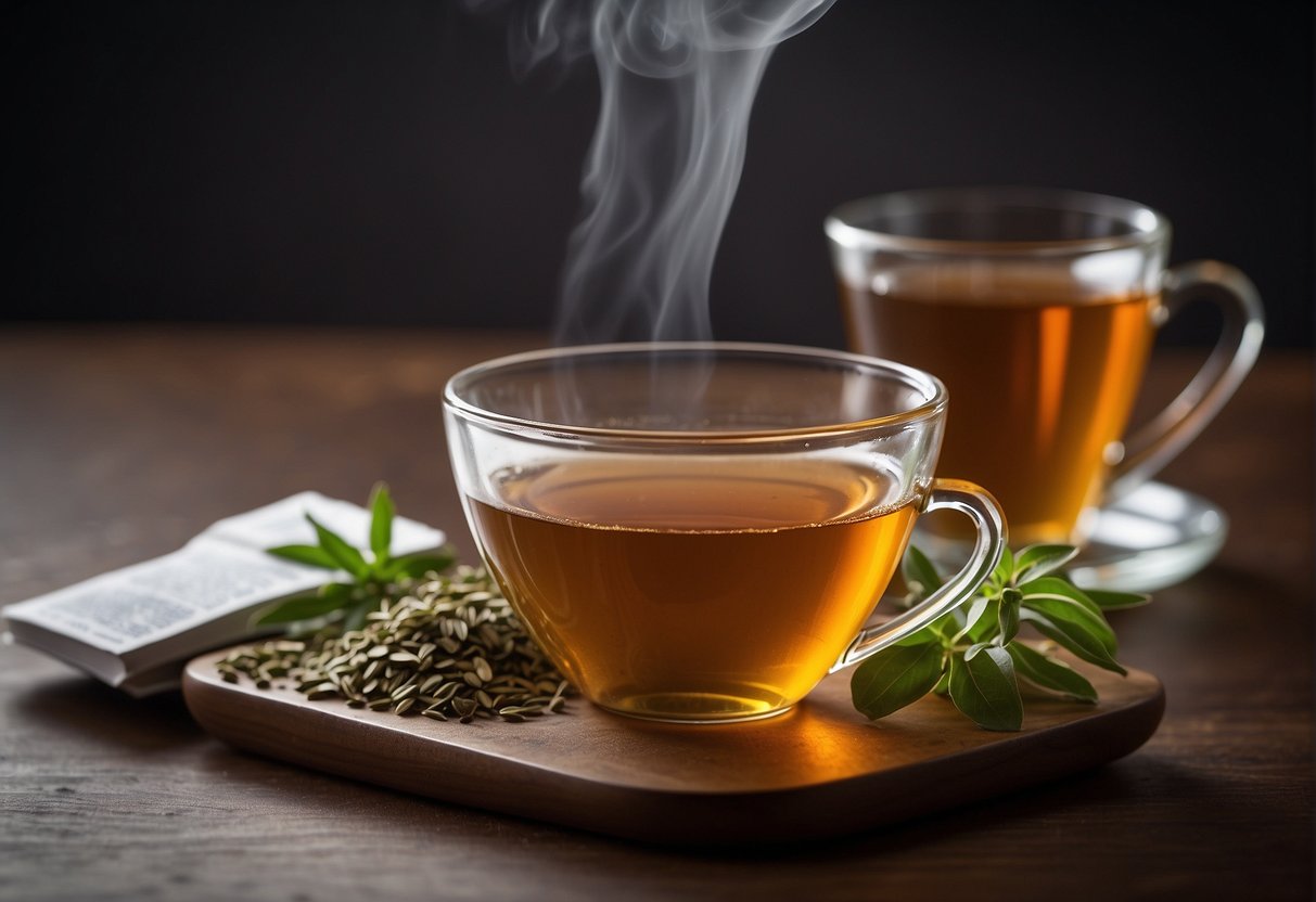 A steaming cup of herbal tea with a soothing aroma, placed on a table next to a bottle of stomach pain relief medication and a dosage recommendation label