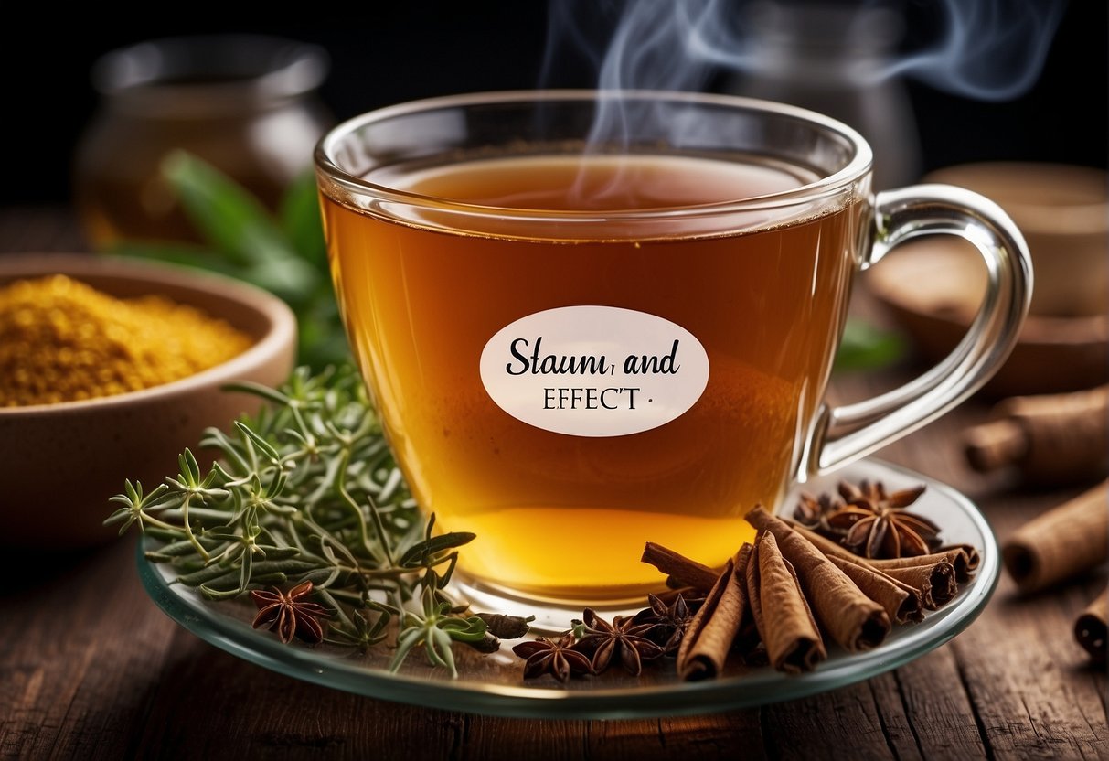 A steaming cup of tea surrounded by various herbs and spices, with a label listing potential side effects and its benefits for stomach pain