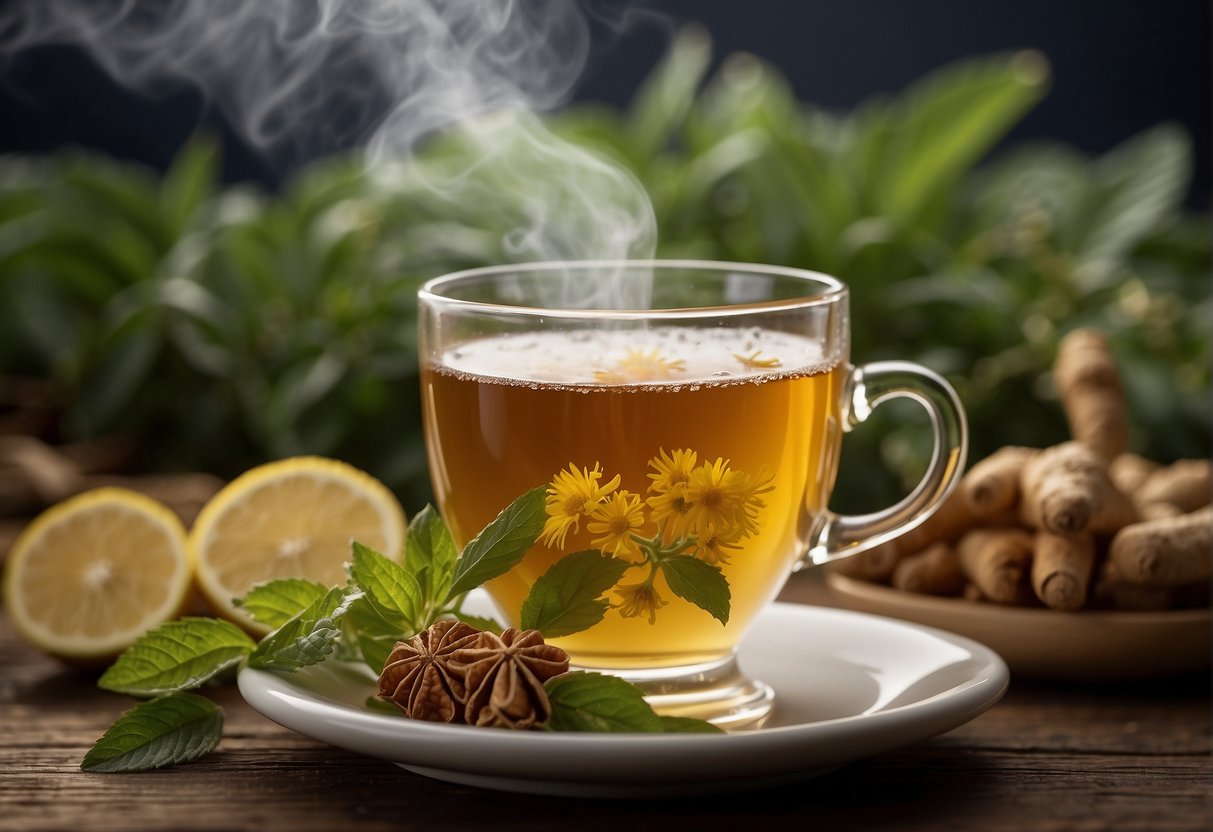 A steaming cup of herbal tea surrounded by soothing ingredients like ginger, peppermint, and chamomile, with a gentle aroma wafting from the mug