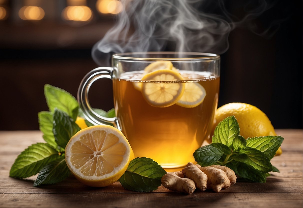 A steaming cup of ginger tea sits on a wooden table, surrounded by fresh mint leaves and slices of lemon. The warm, comforting aroma fills the air, offering relief for nausea