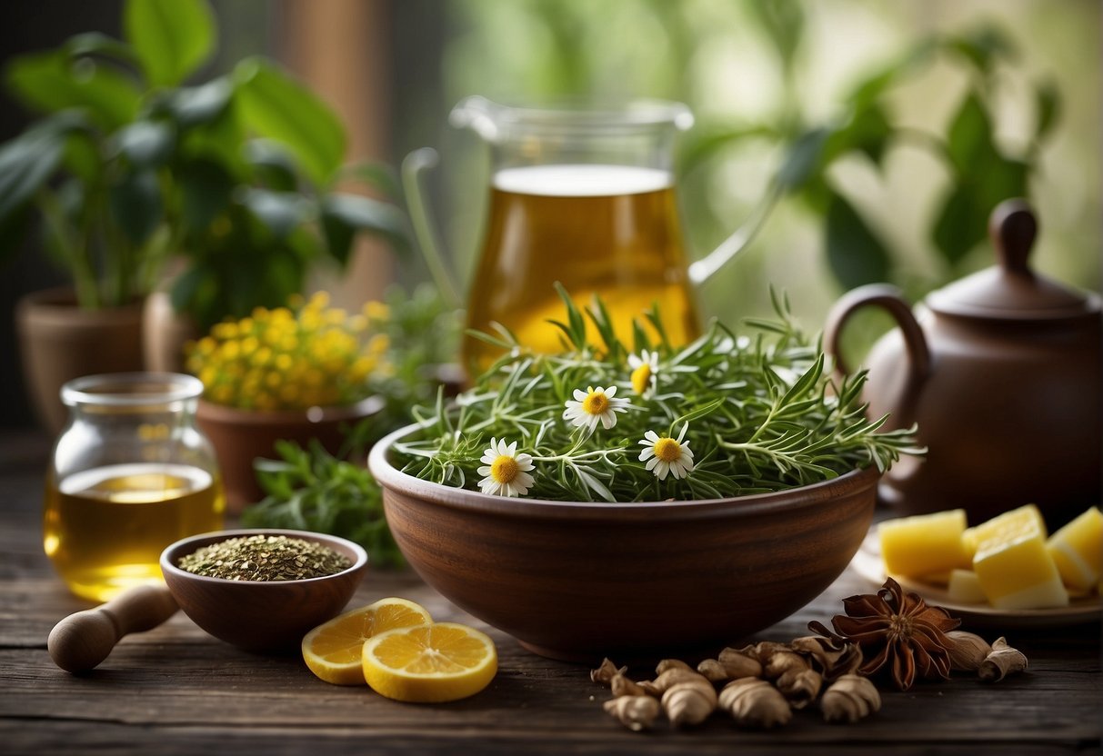 A variety of herbs and teas are arranged on a wooden table, including ginger, peppermint, and chamomile, with a pot of boiling water ready for brewing