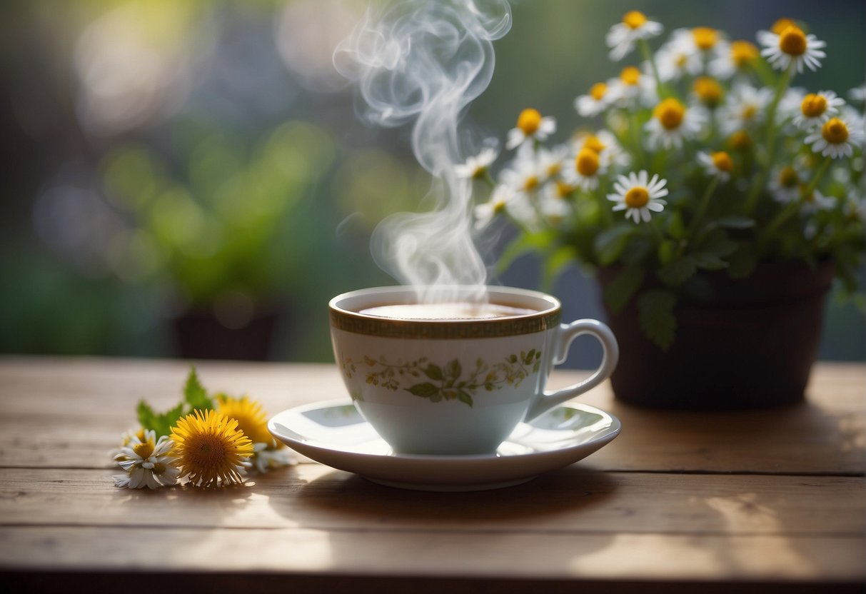 A steaming cup of herbal tea sits on a table, surrounded by ginger, peppermint, and chamomile. A gentle steam rises from the cup, invoking a sense of calm and relief