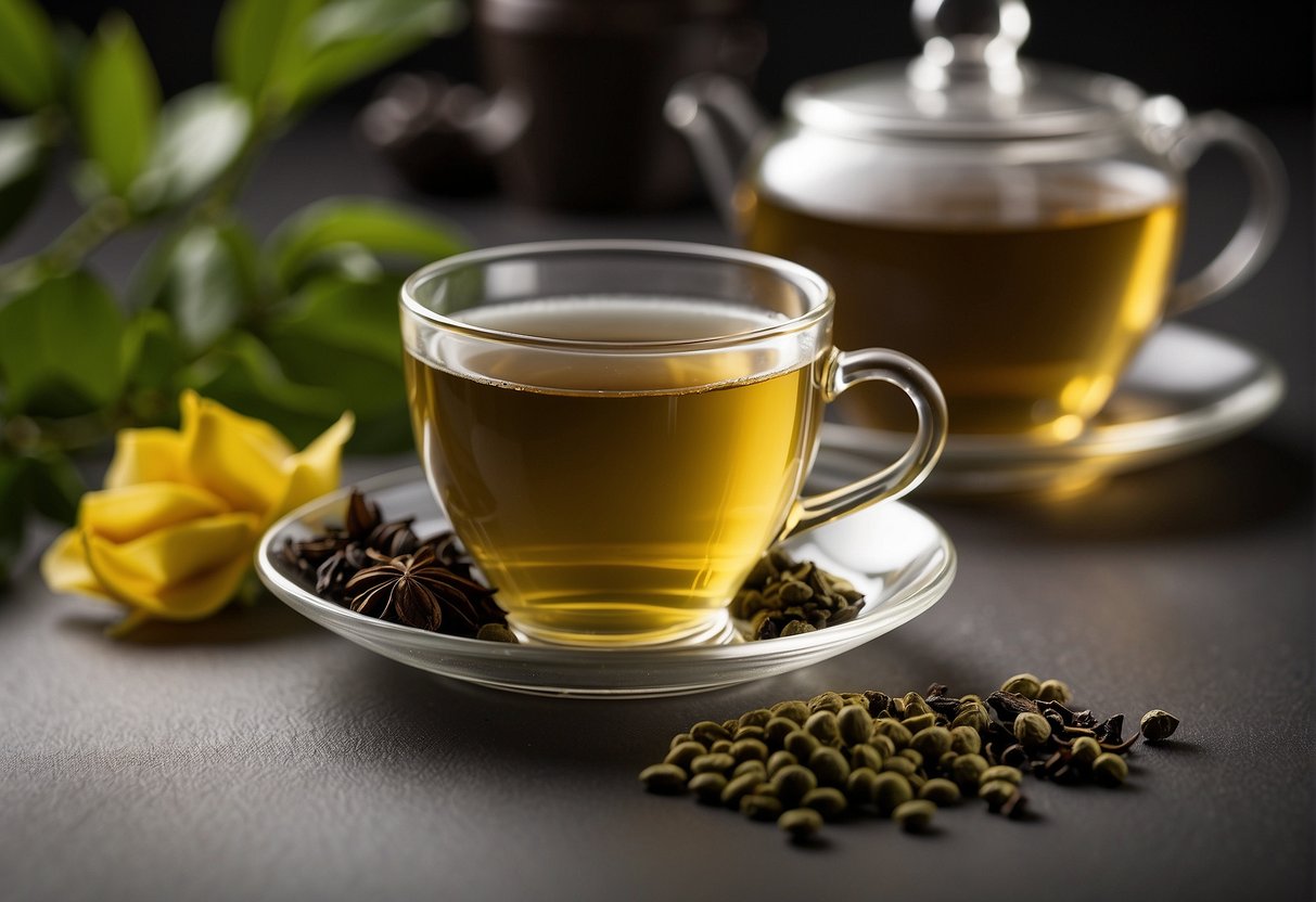 A steaming cup of white tea sits beside a ruler, a cup of green tea, and a cup of black tea, showcasing the varying caffeine levels in each