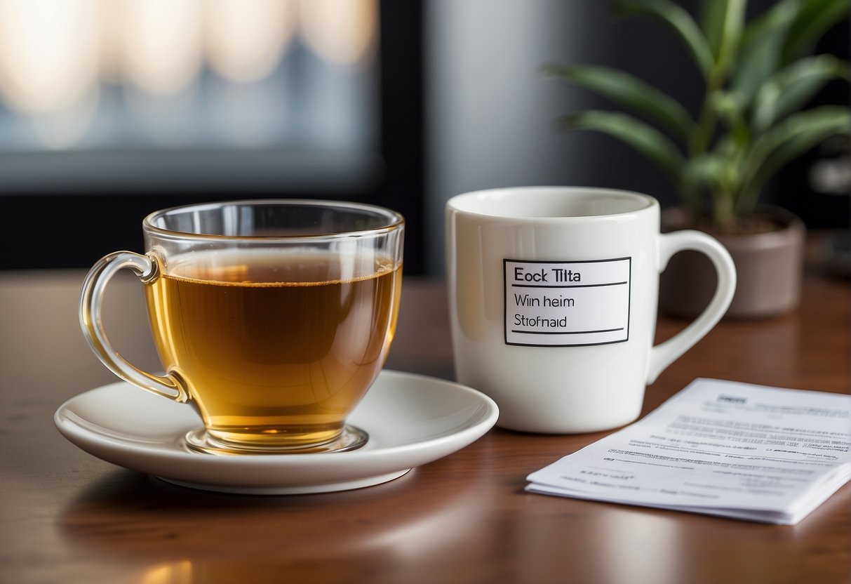 A cup of white tea with a caffeine content label next to a stack of regulations and standards documents