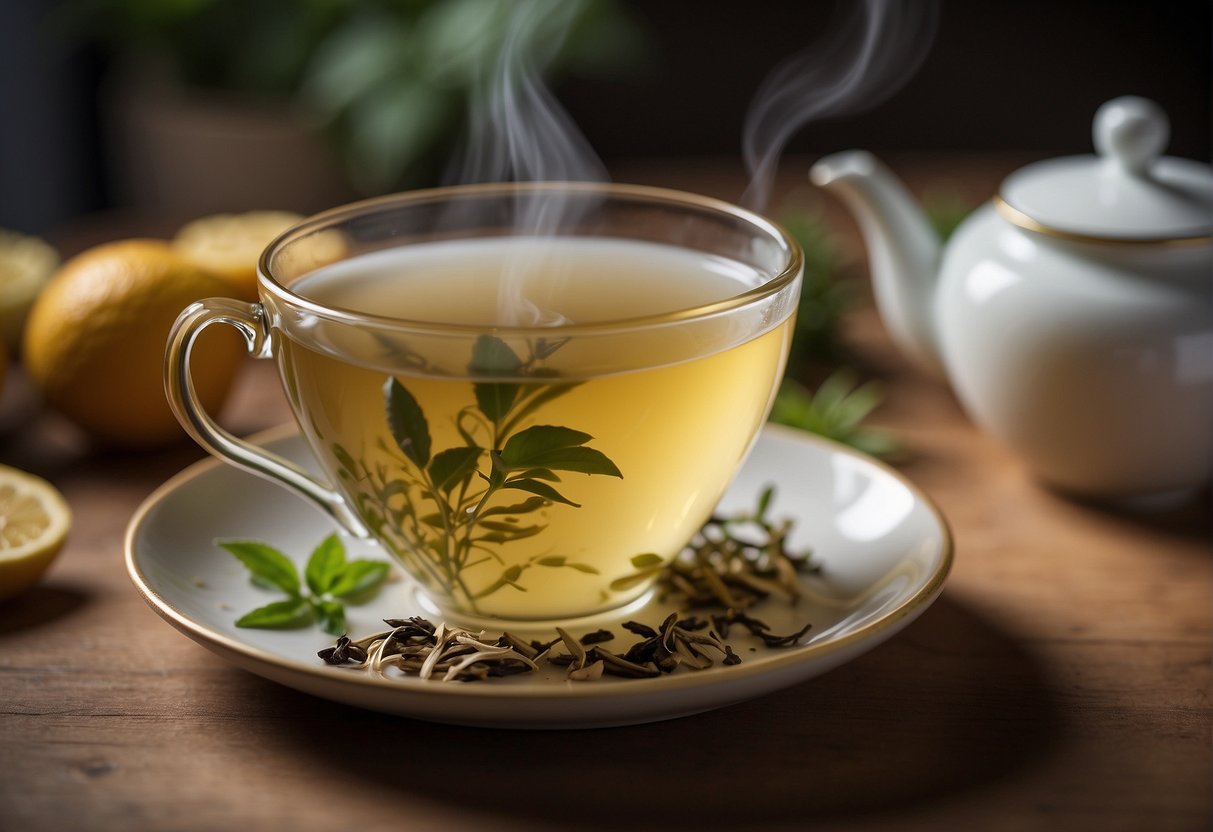 A steamy cup of white tea exudes delicate floral and fruity notes, with a subtle sweetness and a hint of grassiness, creating a refreshing and soothing taste experience