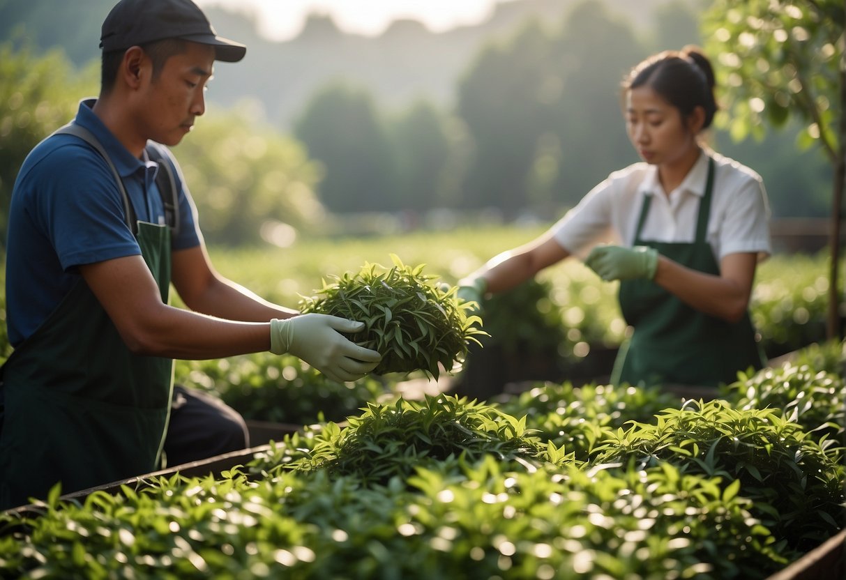 Workers pluck delicate white tea leaves under the morning sun. A factory processes the leaves, releasing a subtle, sweet aroma