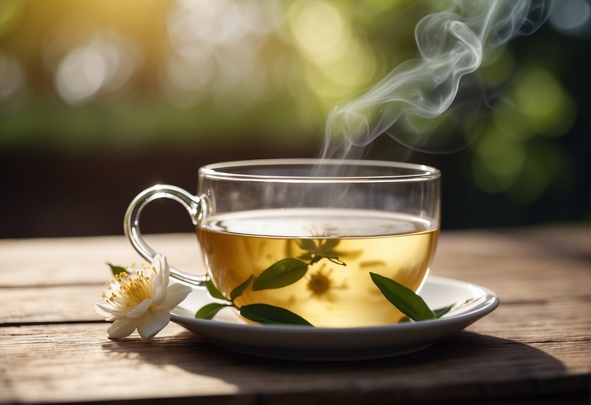 A steaming cup of white tea sits on a wooden table, emitting a delicate floral and sweet aroma. The pale yellow liquid glistens in the soft light, inviting a sip