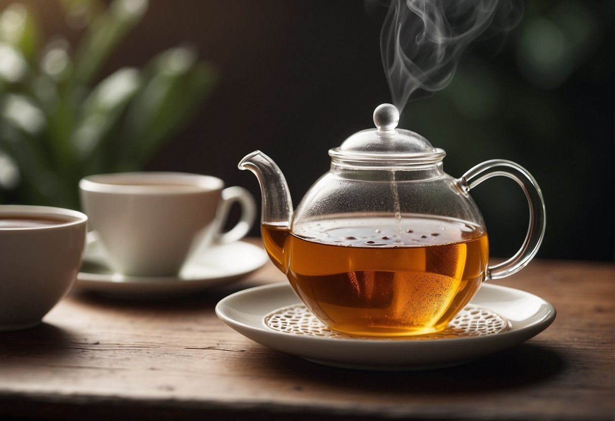 A teapot pours hot water over a tea bag in a cup. A timer ticks as the tea steeps. A saucer and spoon sit nearby