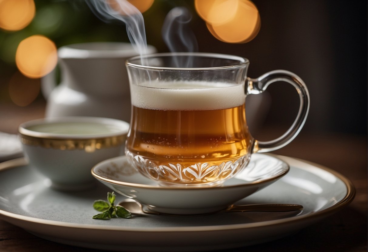 A teacup filled with steaming Earl Grey tea sits on a saucer, surrounded by a selection of delicate teacups and a small pot of milk