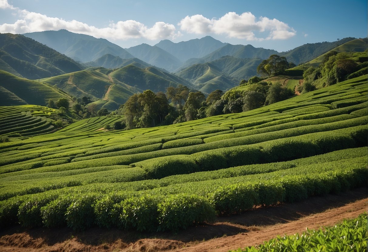 Lush, rolling hills with neatly manicured rows of tea plants stretching into the distance, under a clear blue sky