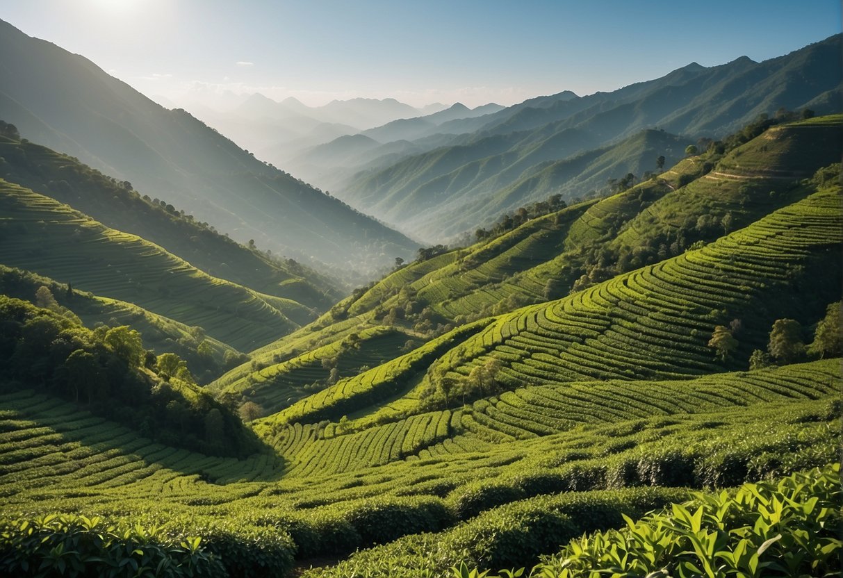 Lush green hillsides with rows of tea bushes under a clear blue sky, surrounded by mist-covered mountains